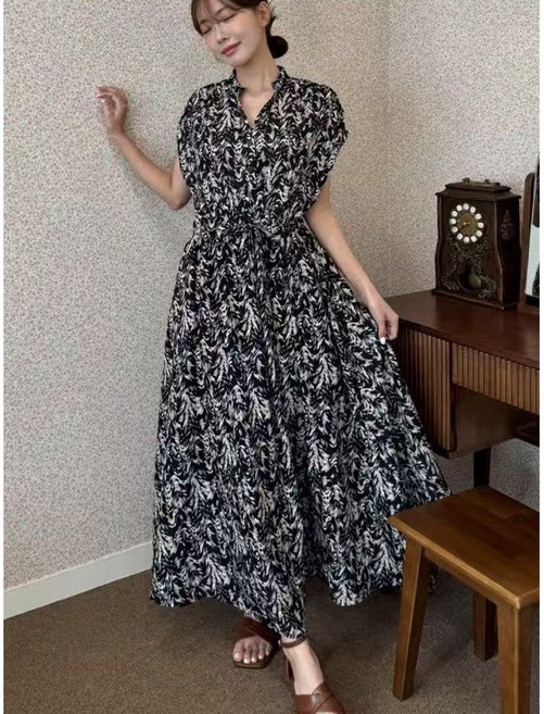 韓國 小立領長洋裝 黑色, 黑
