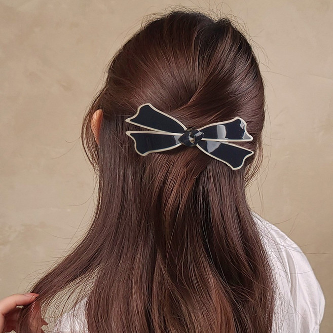 초콜리트쥬얼리 나리 8컬러 프랑스핀 셀룰로오스 배색 리본 반머리 자동 헤어핀