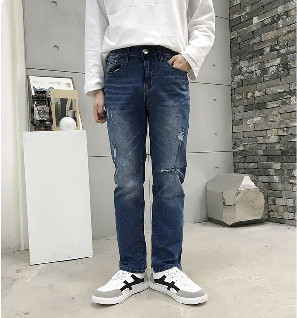 스판 빅사이즈 남자 데미지 빈티지 청바지 슬림 일자핏 데님팬츠