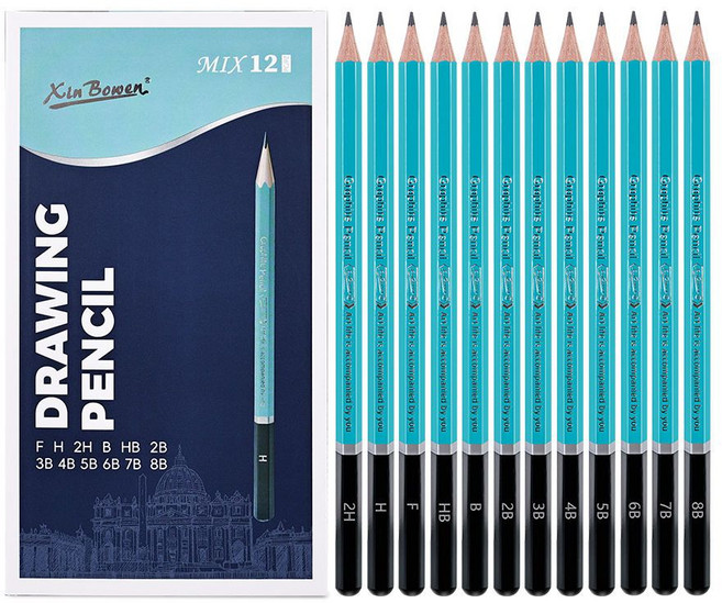 HB 문화사 전문가용 인체공학 0.76mm 두께 미술용 스케치 연필12p 8B 7B 6B 5B 4B 3B 2B HB B F 2H H F, 1세트