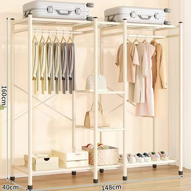 碳鋼多功能衣帽架 落地開放式衣櫥 雙側掛衣多層收納 穩固加固支撐 黑色白色可選, 豪華款-白色-雙側晾曬款-加固支撐