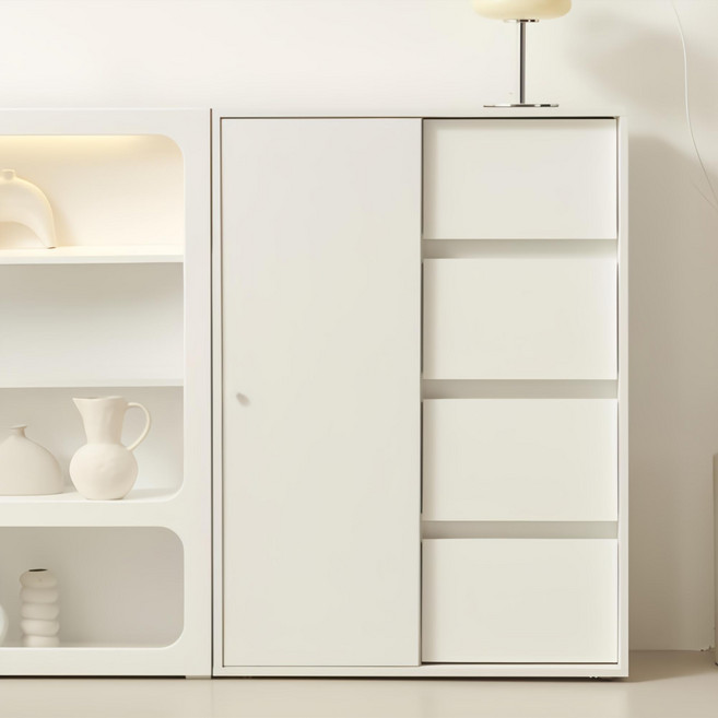 룸앤디 스르륵 4단 서랍 슬라이딩 미닫이 슬림 높은 수납장 일반형, 소프트화이트