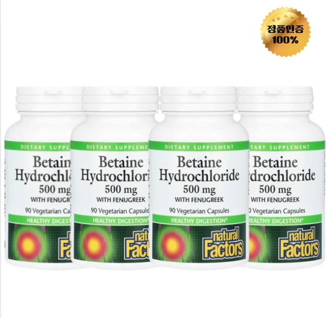 2+2 내추럴 팩터스 베타인 염산염 호로파 함유 500mg 베지 캡슐 90정, 4개, 90회분 - 쿠팡