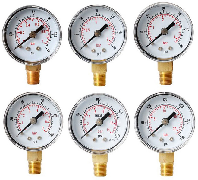 40mm 페이스 압력 게이지 1/8 "bspt 하단 마운트 15 30 60 100 160 200 300 & bar for air water liquid, 300 for PSI, 1개