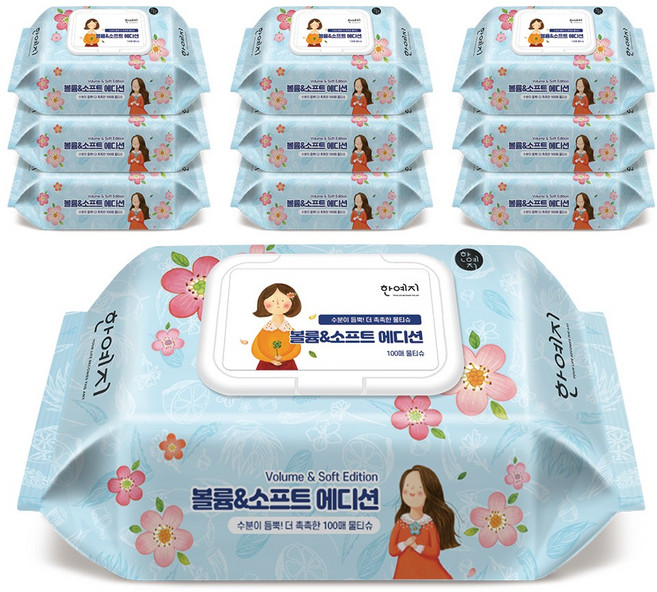 한예지 볼륨앤소프트 에디션 물티슈 캡형, 10개, 100매