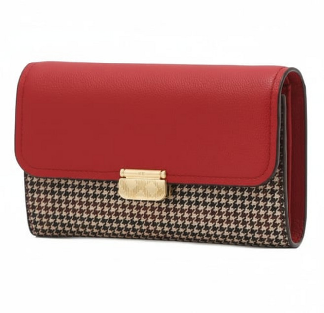 닥스 여성용 버드 체크 장식 포인트 소가죽 배색 중지갑 DCWA6E856R2