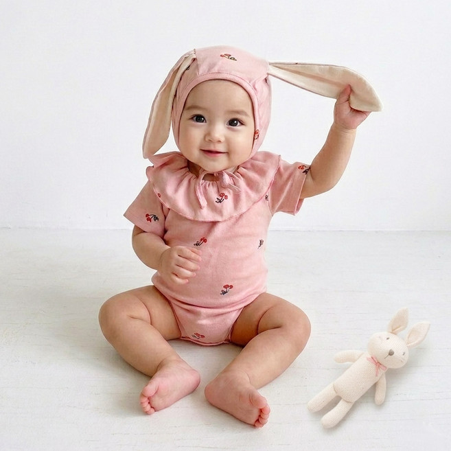에뜨람 순면 아기 토끼 바디수트 모자 세트 보넷모자 프릴 우주복 실내복 신생아 백일 여아 kc인증
