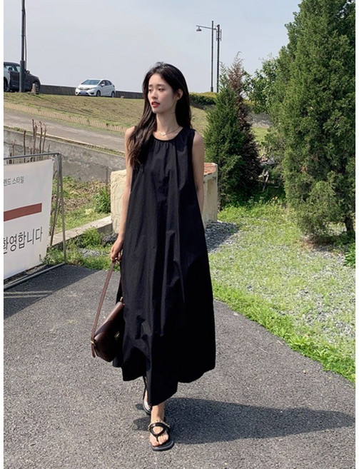 日系 Chic 鏤空露背中長款背心連衣裙, 黑色,L 裙长112 胸围96