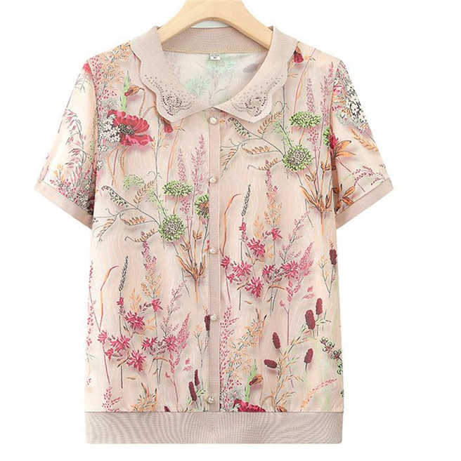 Vezri 여성 여름 반팔 블라우스 꽃무늬 시스루 루즈핏 캐주얼 스타일