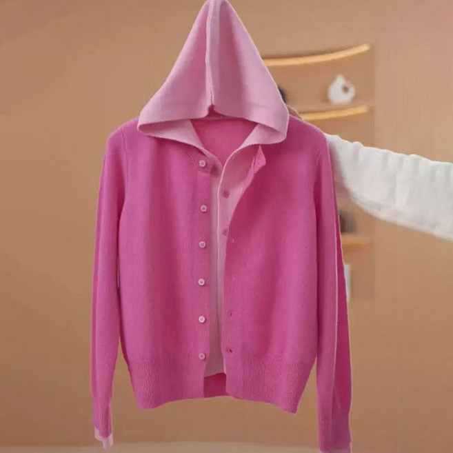 ROYALBELLE 여성 버튼 장식 배색 후드 스웨터 캐주얼 데일리 레이어드 스타일 니트 가디건 M0090804