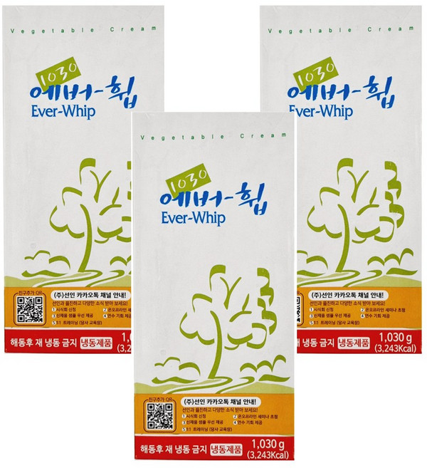 [성진] 선인 에버휩 1030g 식물성 가당 휘핑크림 생크림 (아이스박스 포장상품) 반품불가상품, 1.03kg, 3개