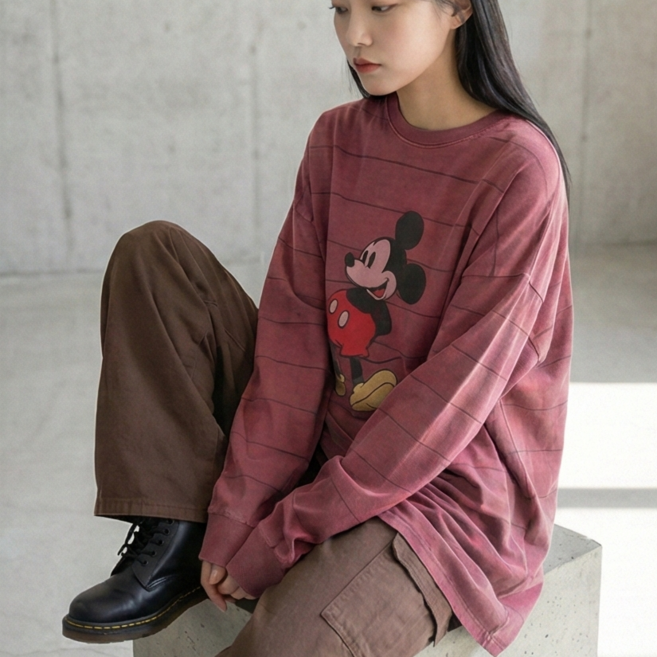 피그먼트 미키 핀스트라이프 긴팔티 빈티지 여자오버핏
