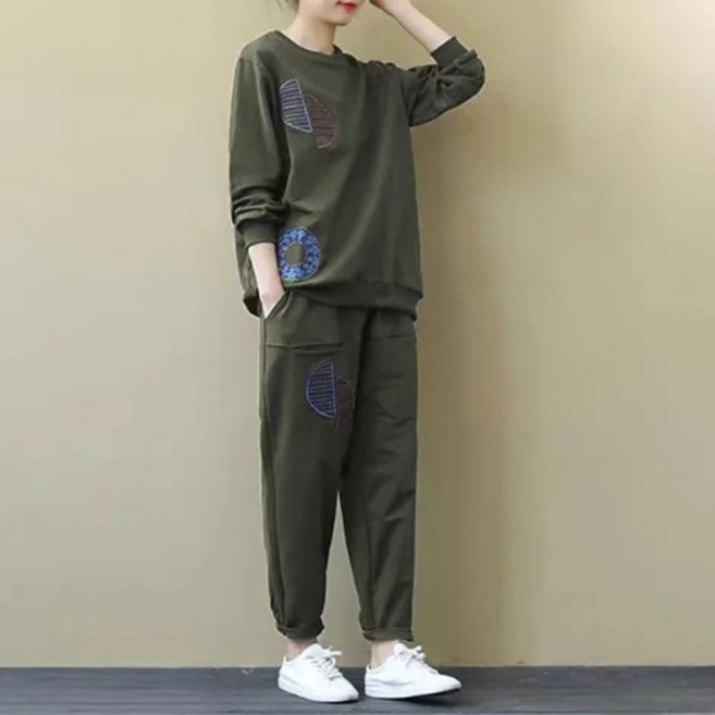 TIMEPURE 여성 트레이닝 세트 봄 가을 빅사이즈 루즈핏 프린트 캐주얼 긴팔 맨투맨 상의+ 슬랙스 긴바지 투피스 패션 상하복 세트