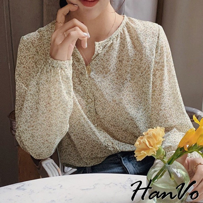 HanVo 柔美小清新碎花雪紡襯衫 韓系百搭寬鬆顯瘦修身 韓國女裝 A02-1707