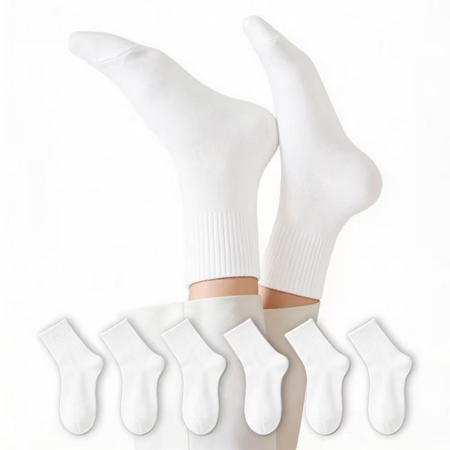 Le Gou 사계절 패션 무지 중목 양말 순면 여성용 무압박 양말 6켤레