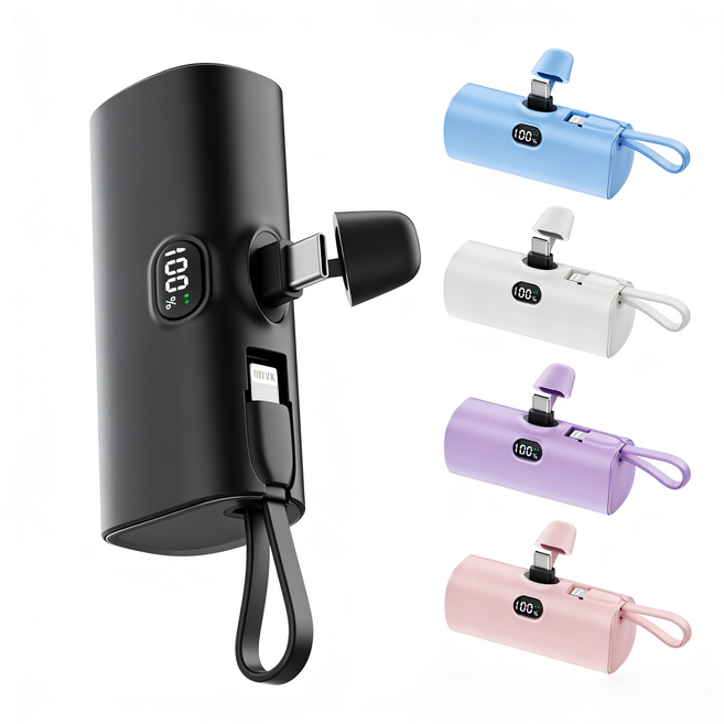P60直插式行動電源 閃充 數位顯示 pro升級版 迷你膠囊口袋電源 口袋寶 適用於蘋果 安卓, 月空黑, Type-C直插口+適用於蘋果lightning自帶線