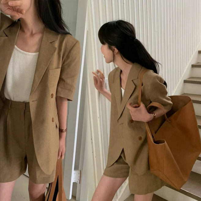 Asure 여성 여름 정장세트 패션 얇은 반팔 정장 자켓 + 반바지 투피스