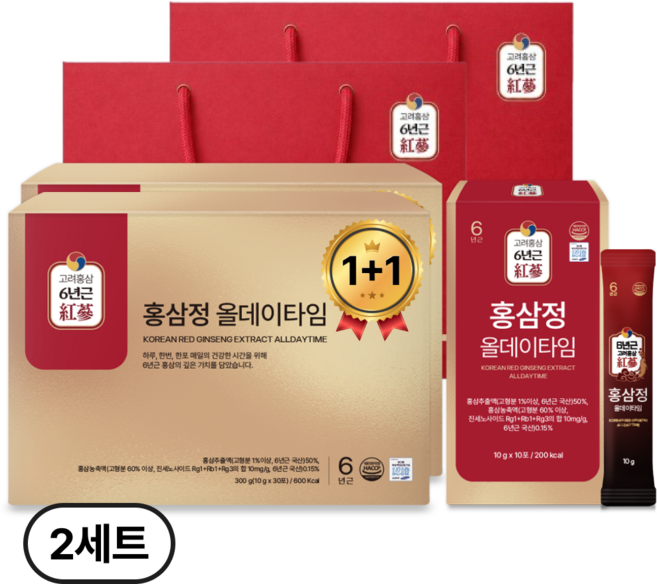 [1+1] 홍삼정 6년근 올데이타임 홍삼스틱 선물세트 쇼핑백포함, 2개, 300g