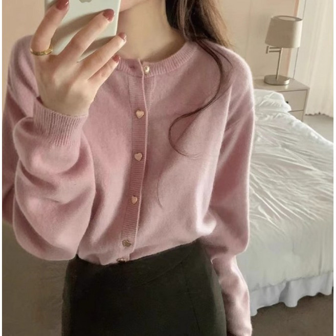 여성 라운드 니트 가디건 하트버튼 포인트 봄가을 데일리 상의