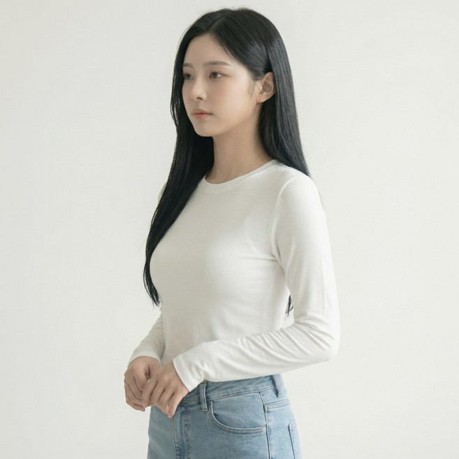 DOSYDOSY 여성용 간절기 부드러운 라운드넥 긴팔 티셔츠 무지 슬림핏 면티