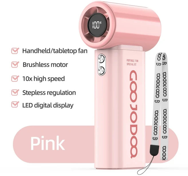 GOOJODOQ 미니 팬 고속 포켓 10x 향상된 풍력 LED 스크린 및 휴대용 끈 4000mAh 배터리, 02 Pink