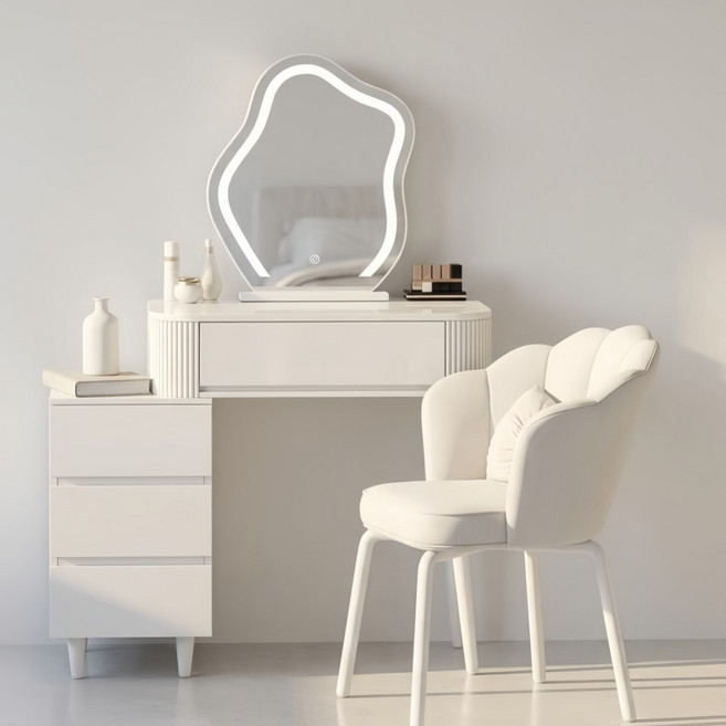 미니멀 크림색 화장대 세트 (의자포함/LED거울+수납장) 미니 화장대 50 60 70CM, 흰색-70CM+화장대+수납장+LED거울+B화장의자