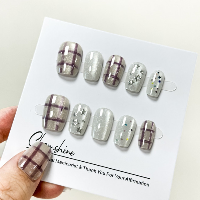 참샤인 스노우 글리터스타 체크 네일팁, 1개, S