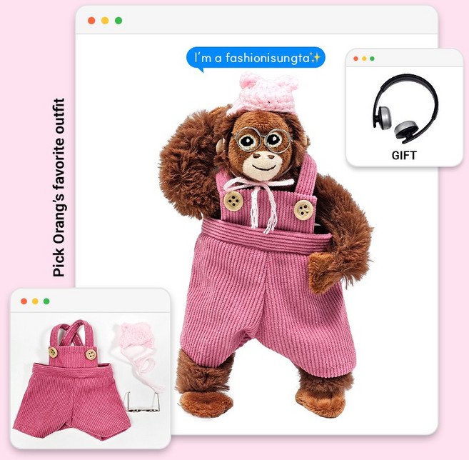 로앤제이 미니 오랑우탄 인형 키링 의상 착장 세트, 5. 핑크멜빵팬츠+실버안경+미니모자핑크, 1개