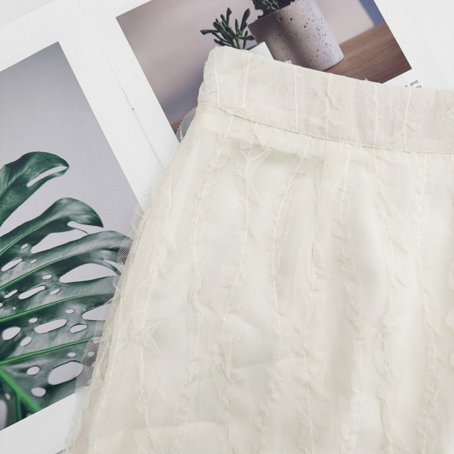 高腰輕柔顯瘦A字網紗短裙 雙層抓皺花邊迷你裙