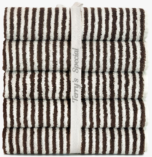 테리파머 사염 200g 고중량 호텔수건 5장 묶음 리본선물포장, 1개, 런던스트라이프(L)_브라운아이보리 5장