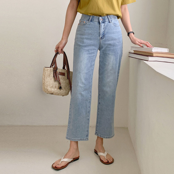 루나진 여름 여성용시원한 세미와이드 청바지 일자핏 스판 빅사이즈