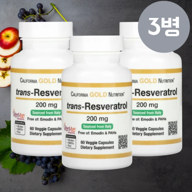 [3개 세트] 캘리포니아골드뉴트리션 트랜스 레스베라트롤 200mg 베지캡슐 60정, 3개 - 쿠팡
