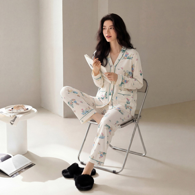 DFMEI 春秋季睡衣女士仿棉印花碎花開衫高級感甜美休閒可愛家居服套裝
