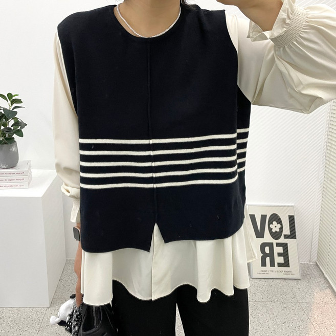 수니베 리안 여성 빅사이즈 루즈핏 레이어드 단가라 니트 조끼 셔츠 배색 블라우스 가을 겨울 체형커버 77 88 통통녀 오버핏 긴팔 데일리룩 편안한 임산부 오피스룩 하객룩