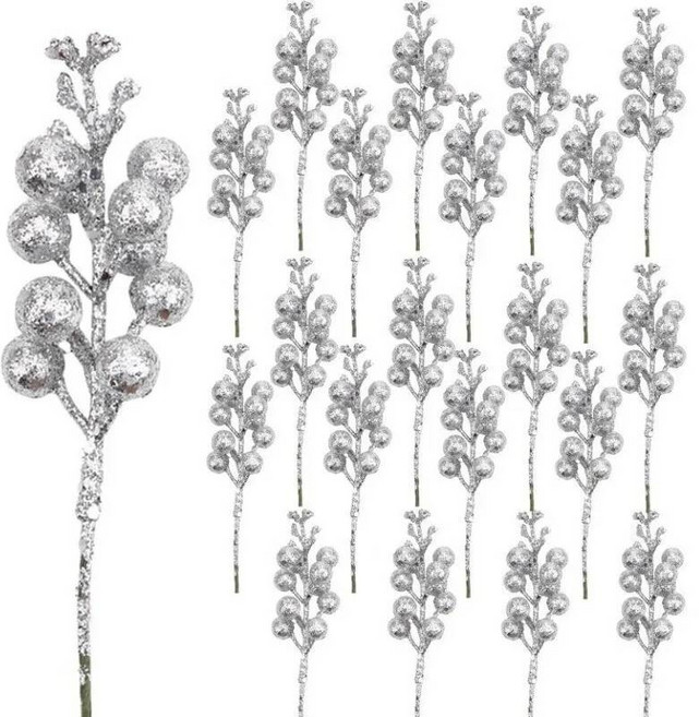 인공 꽃 베리 부케 크리스마스 트리 장식 반짝이 눈송이 볼 홈 데코 장식품, Silver Berry 5Pcs