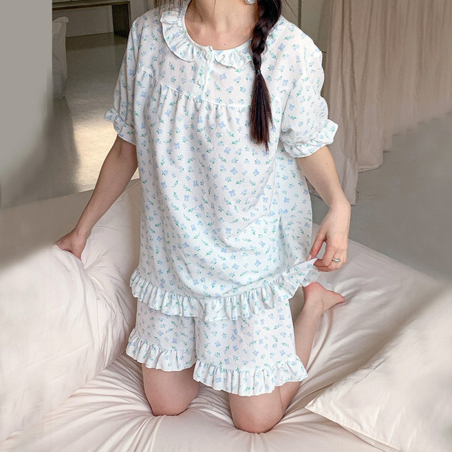 여성 아사면 반팔 잠옷 세트 여름 시원한 홈웨어 파자마 프릴 빅사이즈