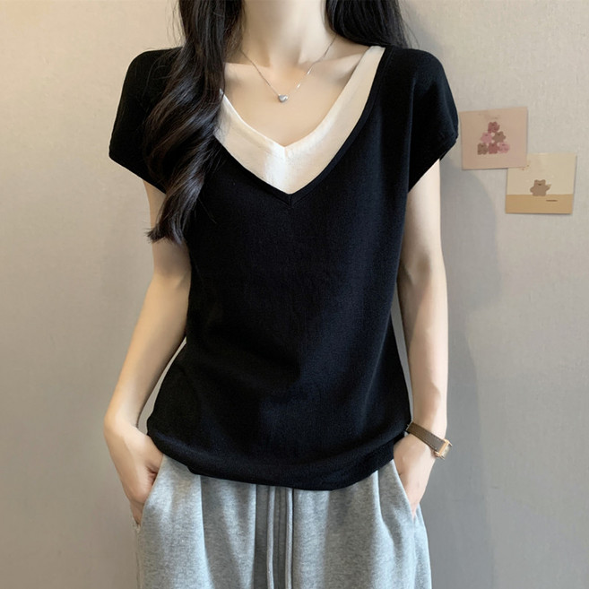 에버리씽 여성 브이넥 투톤 반팔 티 T870