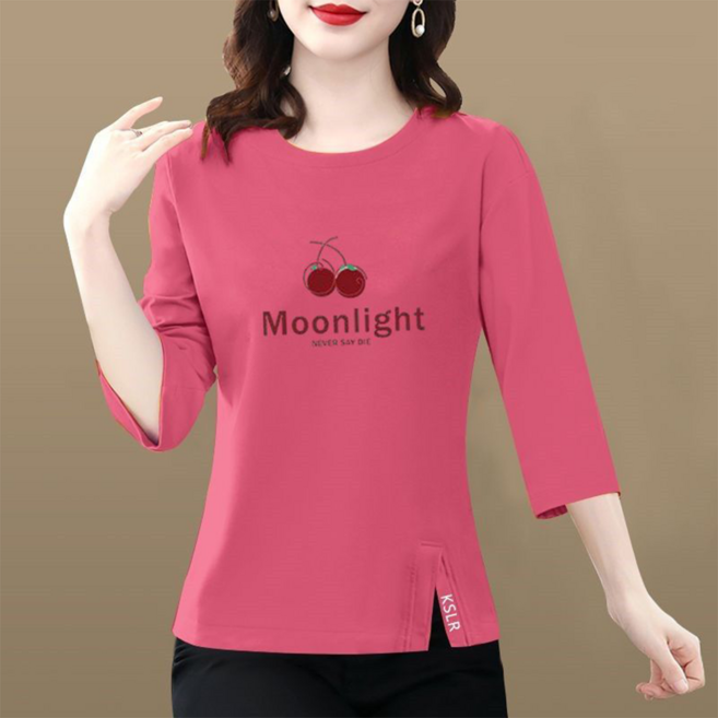 besteffie 7부티셔츠 중년여성 순면 긴팔 티셔츠 간절기 심플 스타일 체리 프린트 슬림핏 E28