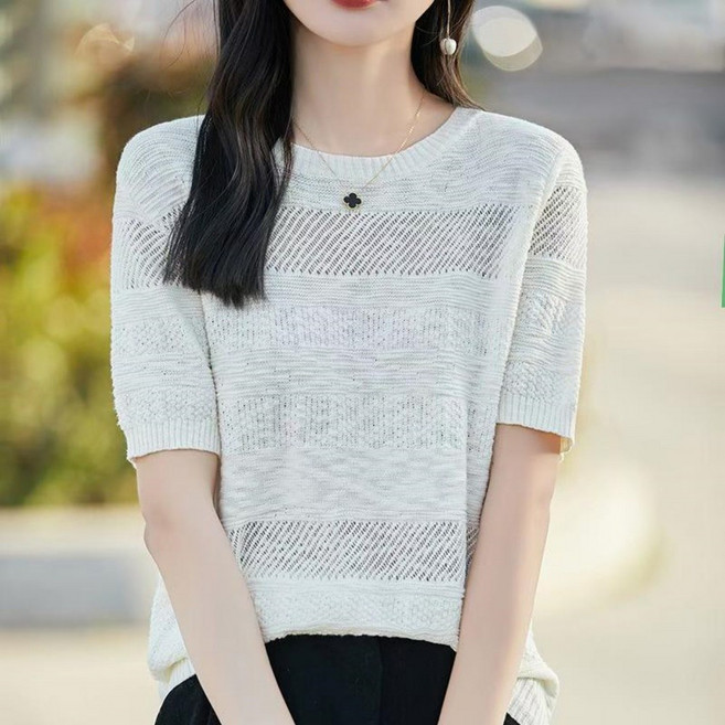 Makone 여성 반팔 티셔츠 여름용 라운드넥 루즈핏 니트 펀칭 쿨링 데일리 40대 50대 엄마옷