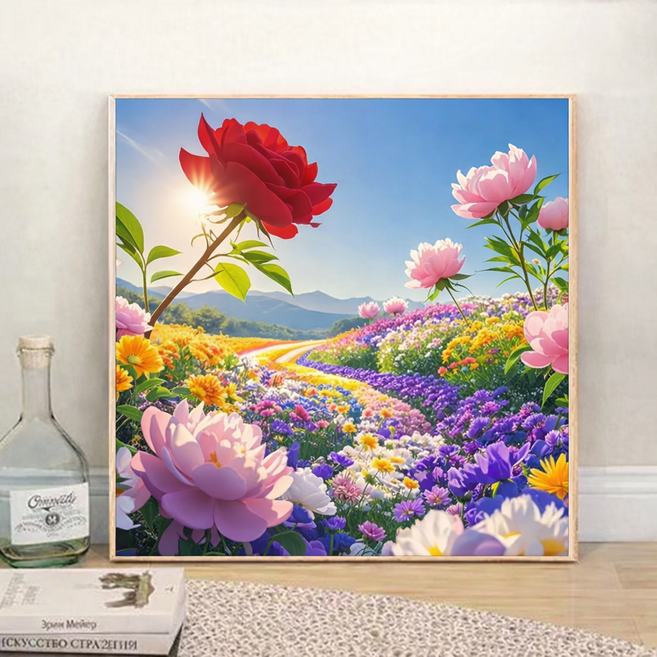 더담다 DIY 액자형 보석십자수 세트 20X20cm, 1개, 꽃길