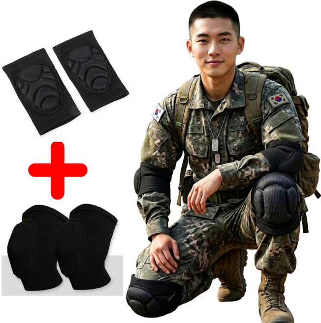 라크텍 충격 3중 분산 군인 무릎 팔꿈치 보호대 1세트 업그레이드 군입대 필수품, 밀리터리 블랙