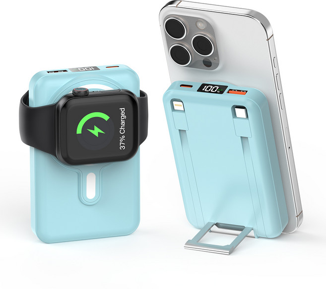 대용량 일체형 케이블 무선충전 잔량표시 고속충전 맥세이프 보조배터리 20000mAh, 블루, 블루