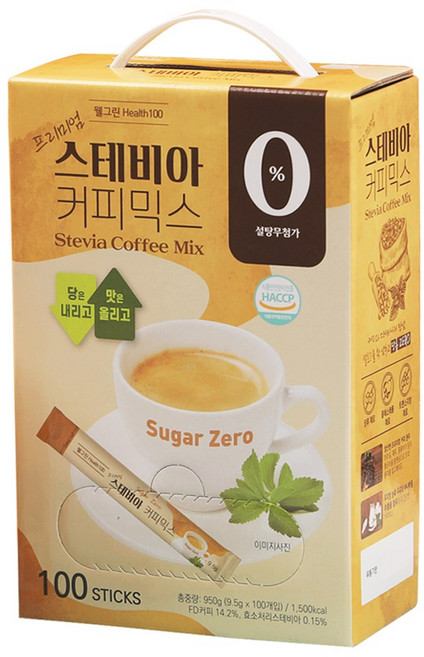 웰그린 프리미엄 스테비아 커피믹스 / 당류제로 25칼로리, 9.5g, 100개입, 1박스