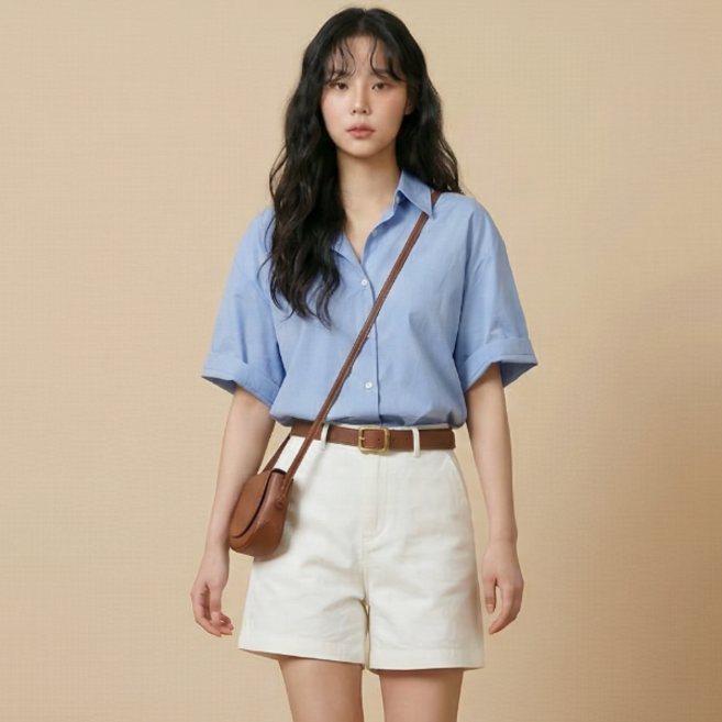 드마엘 여성 피어 롤업 소매 루즈핏 반팔 셔츠 (2color)+델로나