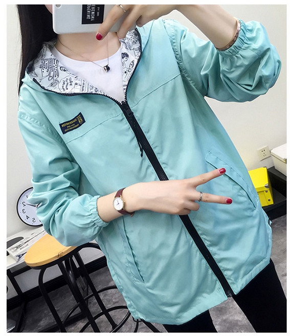 日系學院風糖果色寬鬆兩面穿薄款風衣外套 舒適透氣連帽拉鍊外套