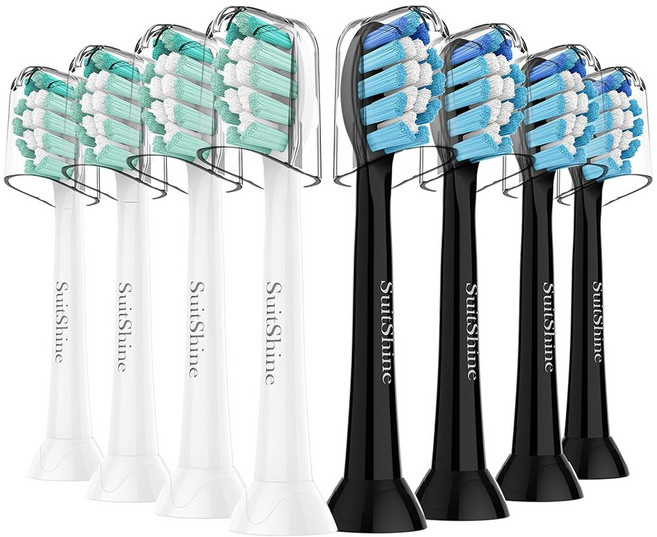 소닉케어 및 기타 클릭온 핸들 8팩 화이트와 호환되는 수트샤인 교체 칫솔 헤드, 4white + 4black