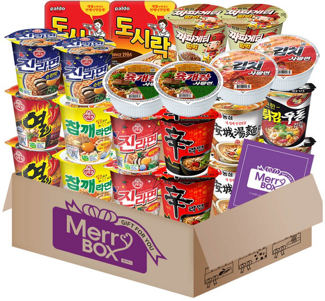 컵라면 세트(육개장사발면+김치사발면+신라면+안성탕면+튀김우동+짜파게티+도시락+미니왕뚜껑+참깨+진라면 매운맛+열)+메세지카드, 1박스
