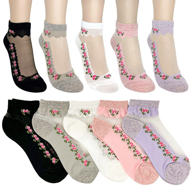 수한양말 여자 시스루 망사 양말 핑크꽃 10켤레