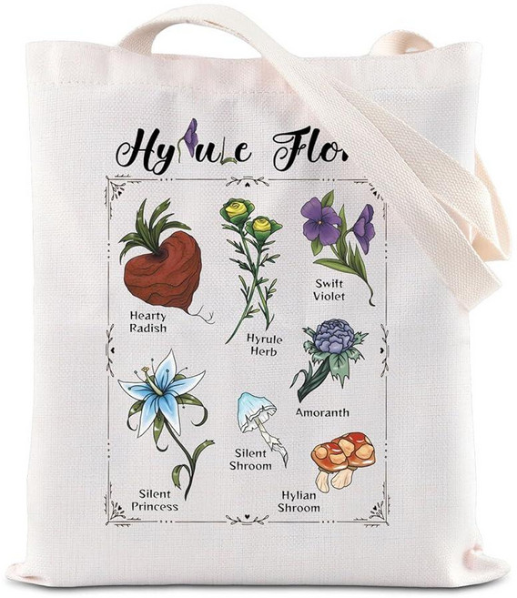 KUIYAI Flora 비디오 게임에서 영감을 받은 토트 백 Korok 식물 애호가 가방 야생의 숨결 선물 Hylia 선물 플로라 식물 캔버스 백 Hyrulefloratote