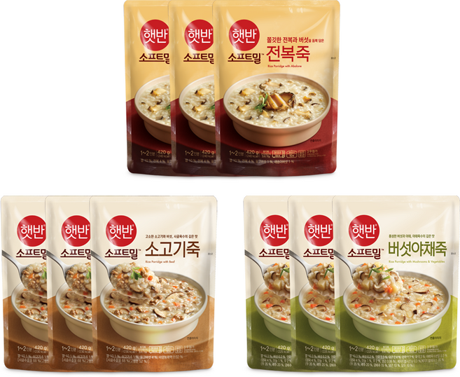 [오플][비비고 죽] 전복죽3 + 소고기죽3 + 버섯야채죽3, 1개, 420g